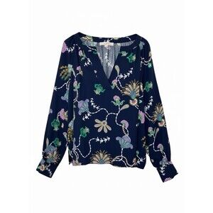 LOFT Womens XL Navy Floral Paisley Surplice Blouse Balloon Sleeve